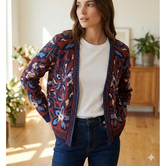 WoolOvers Sweaters - Woolovers Cardigan Sweater Womens Medium Blue Red Floral Full Zip Wool Cotton